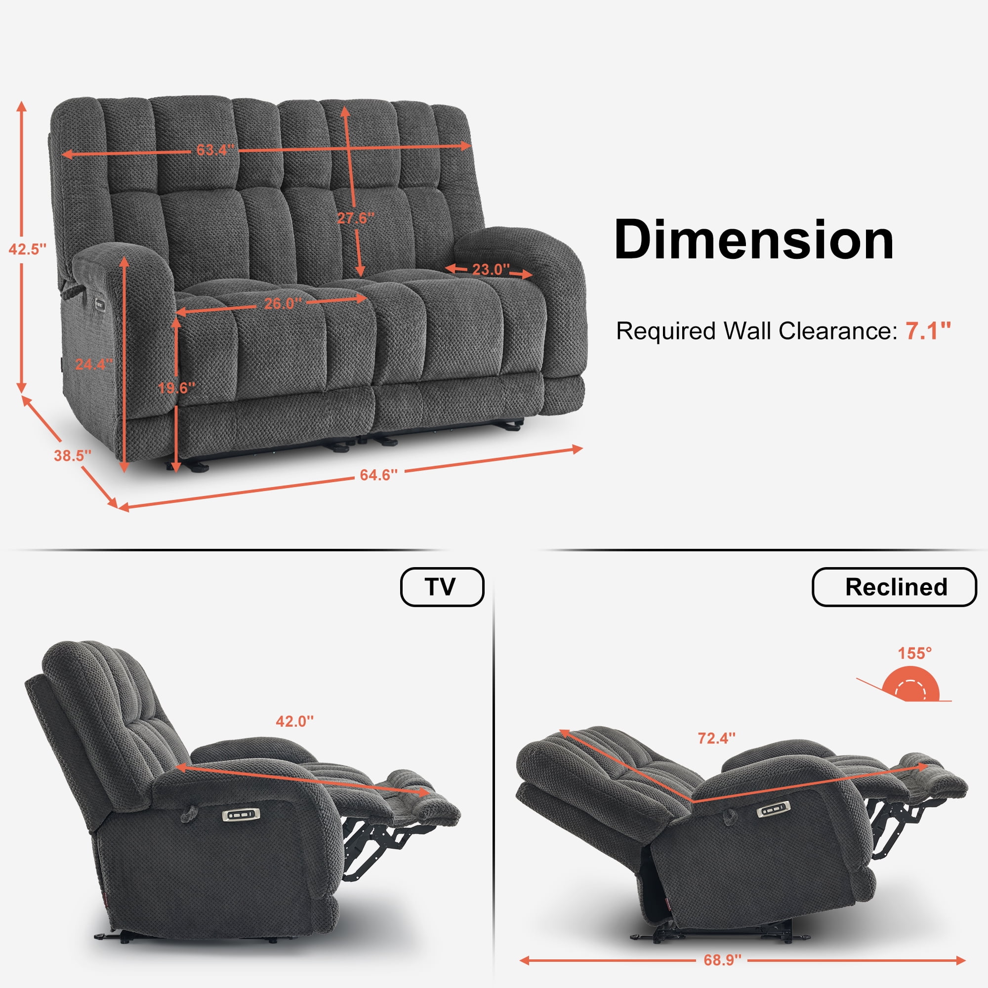 MCombo Power Recliner Loveseat Sofa with Adjustable Headrest, Heat and Vibration, 64.6" Fabric Electric Reclining Loveseat with USB Charge Ports for Living Room 6855