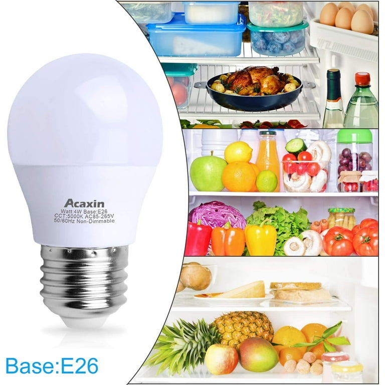 Acaxin LED Refrigerator Light Bulb 4W 40Watt Equivalent, Waterproof  Replacement for Frigidaire, Freezer IP54, 120V E26 Daylight White 5000K 400  Lumen, A15 Appliance Bulb 