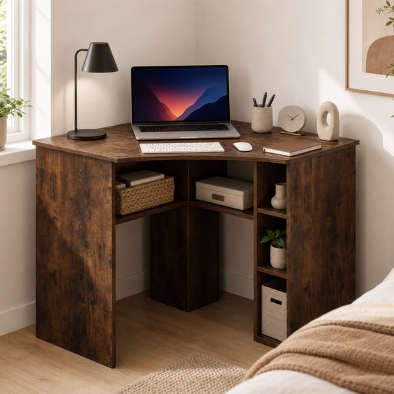 32" Corner Computer Desk for Small Space, Triangle Writing Workstation with Charging Station & Storage Shelf,Rustic Brown