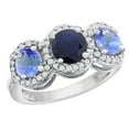 thumbnail image 1 of 14K White Gold Natural High Quality Blue Sapphire & Tanzanite Sides Round 3-stone Ring Diamond Accents, size 8, 1 of 2