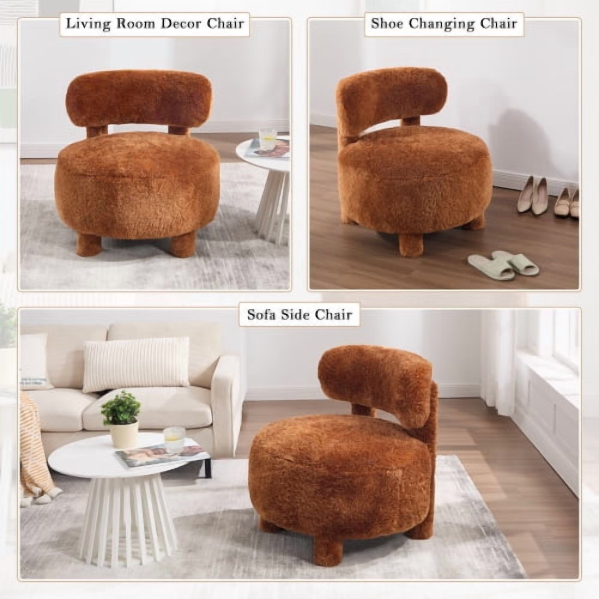 MOONMISS Accent Chair With Curved Backrest And Solid Wood Legs Upholstered Chair Slipper Side Chair For Primary Living Space Bedroom Vanity Room Or Reading Room ,Khaki-Fur