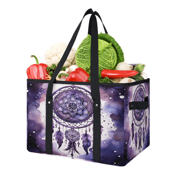 ADECORIVY Purple Boho Dreamcatcher Feather Reusable Grocery Bags, Foldable Shopping Bags for Groceries with Handles, Large Grocery Tote for Kitchen, Market, Car, Trunk, Picnic