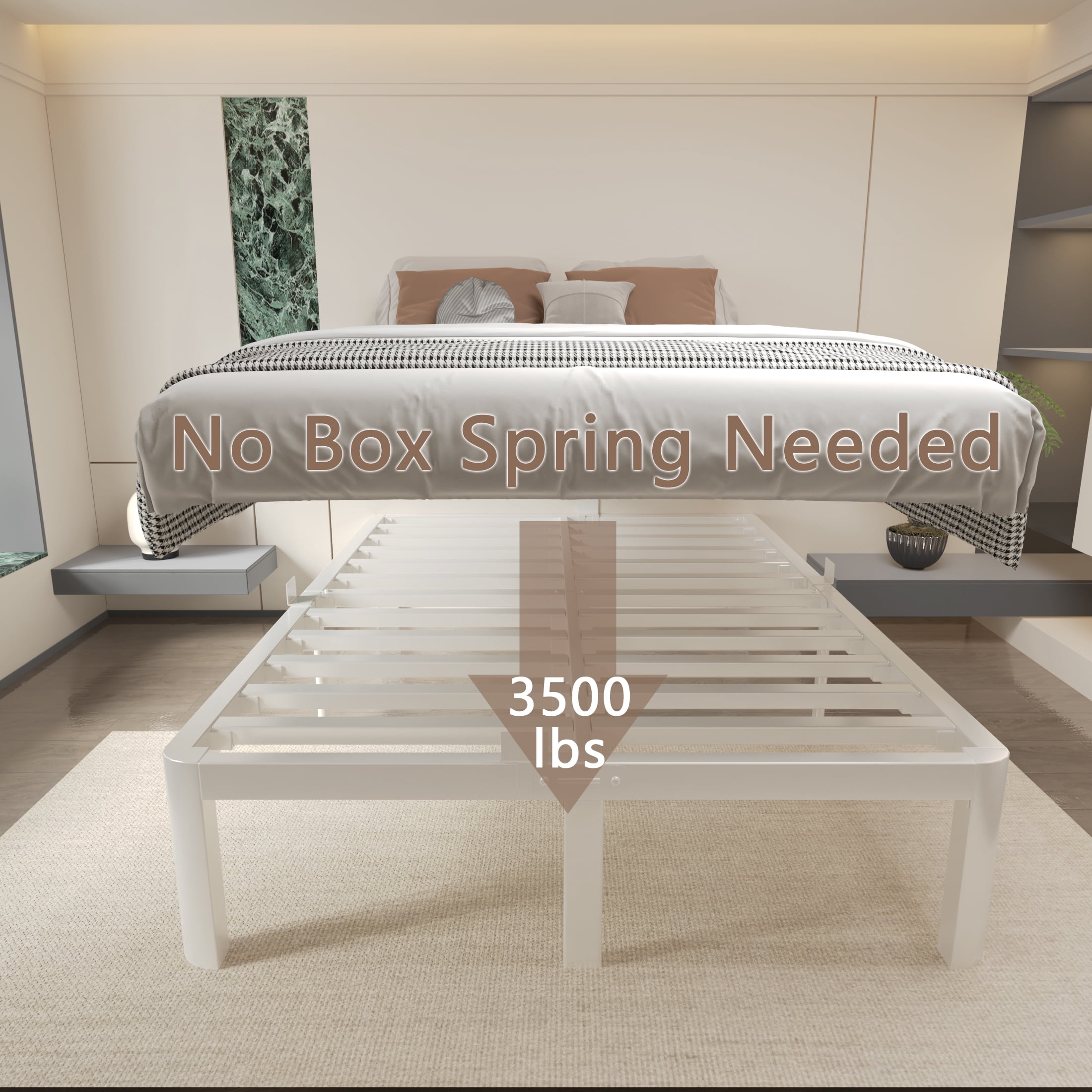 VHAHA White Bed Frame Queen Size 16 Inch, Metal Queen Bed Frame No Box Spring Needed, Heavy Duty Steel Support 3500 LBS, DIY Headboard, Noiseless, Round Corner Legs, Storage Space, Easy Assembly