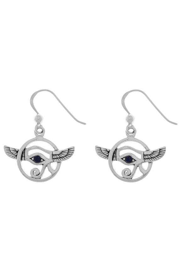 Sterling Silver Winged Udjat Eye Of Horus Dangle Earrings with Synthetic Lapis