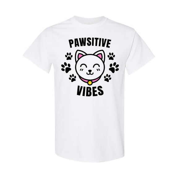 Inktastic Pawsitive Vibes with Pawprints and Cat Face Cat Pun T-Shirt