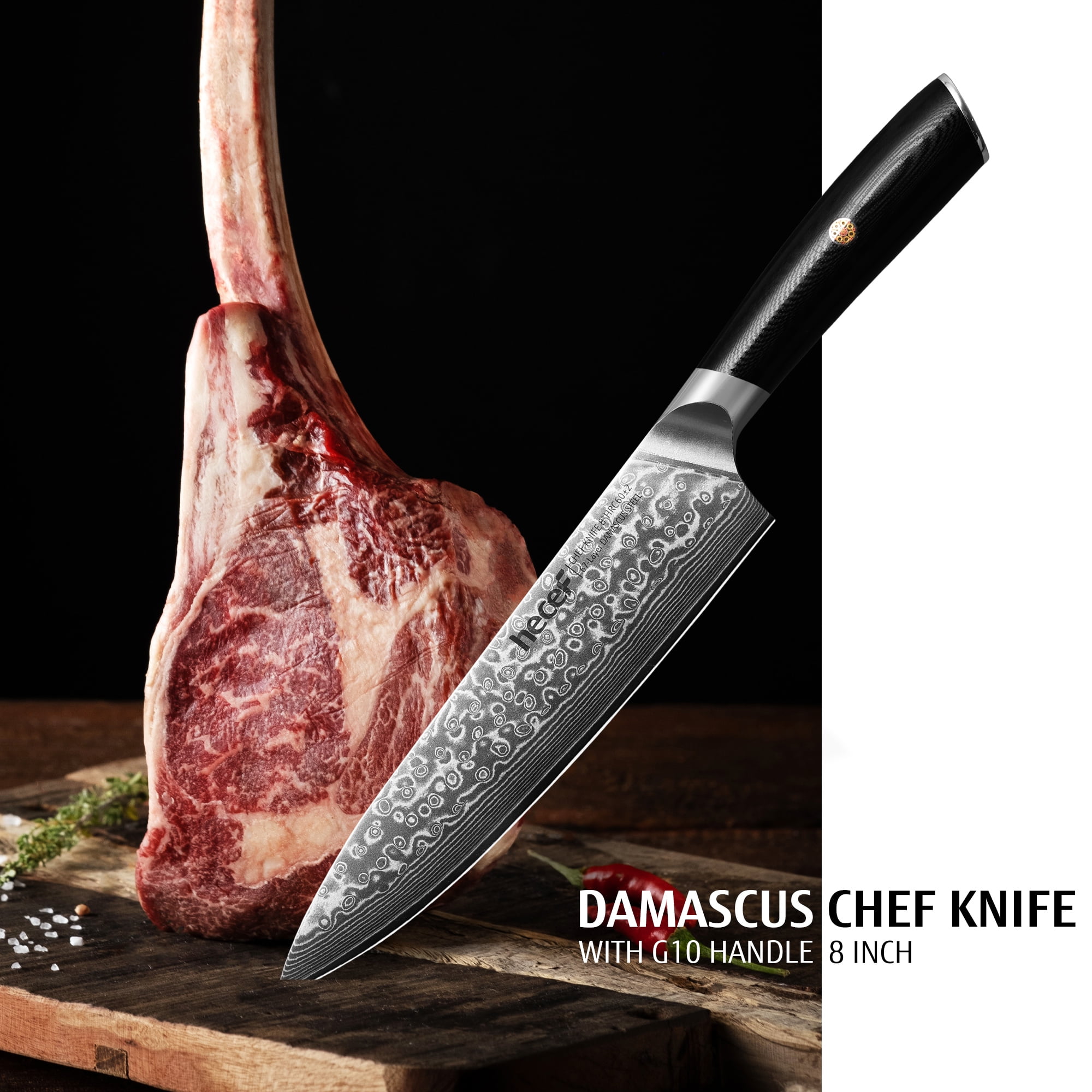Hecef 8-Inch Damascus Steel Chef Knife, VG10 Professional Kitchen Knife