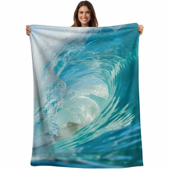 Teal Blue Coastal Wave Blanket Soft Cozy Warm Throw Blanket for Couch, Plush Fuzzy Flannel Fleece Blankets for Sofa, Modern Summer Ocean Beach Sea Bed Blankets Lightweight Gifts for Women, 50"x80"
