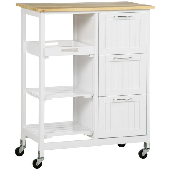 HOMCOM Kitchen Cart, Kitchen Island Coffee Bar Cart on Wheels with Wooden Top, Utility Trolley with 3 Storage Drawers, 2 Shelves, Removable Tray for Dining Room, White