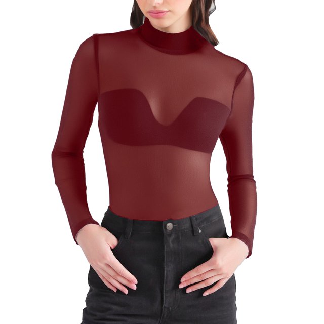 Zmoon Women's High Collar Solid Color Mesh Bottom Long Sleeve Top