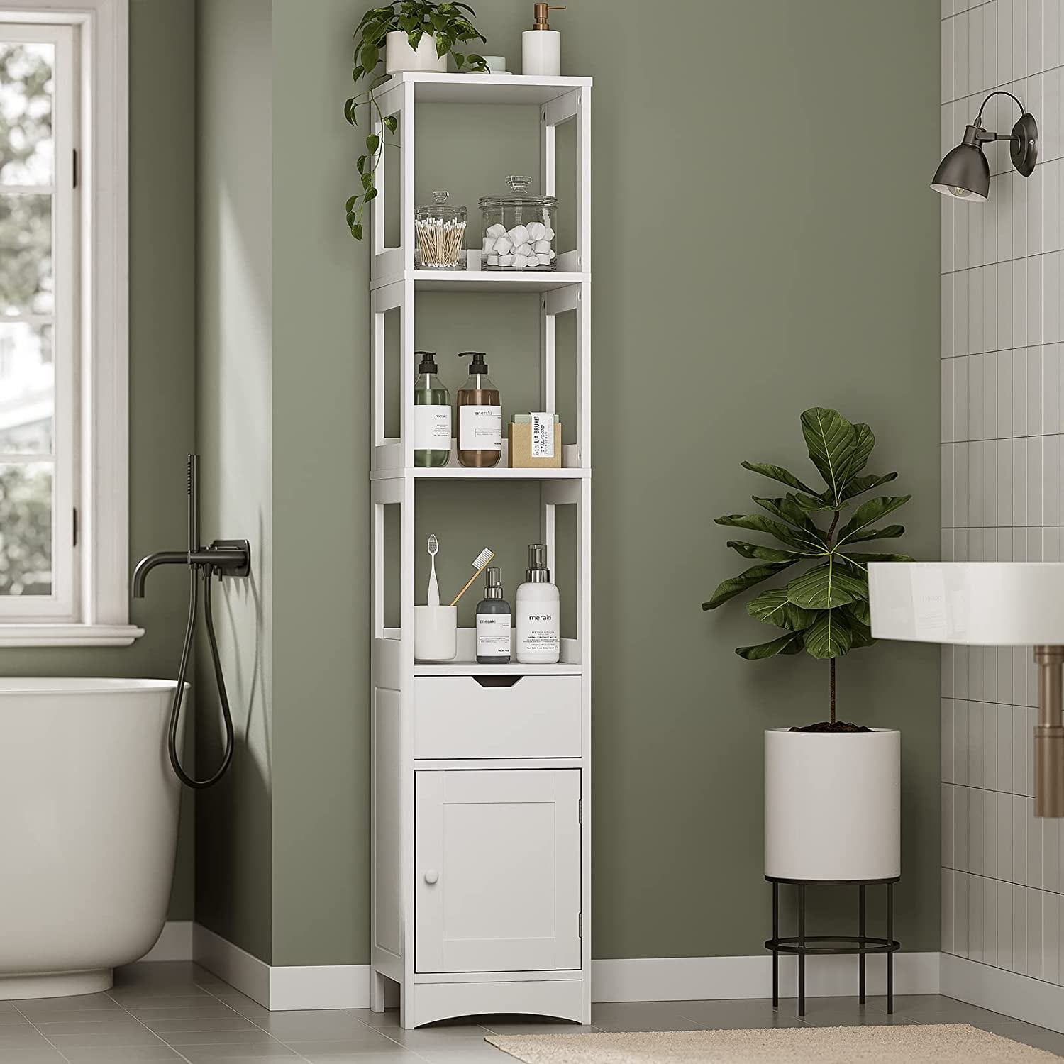 Tall Bathroom with Shelves and Drawers, Freestanding Storage