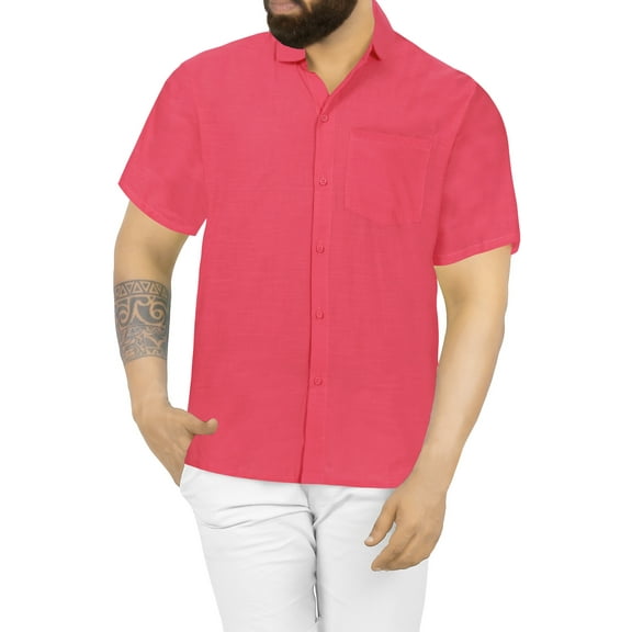 LA LEELA Men's Hawaiian Shirt Solid Beach Shirts Casual Short Sleeve Button Down Untuckit Shirts for Men L Crimson, Plain