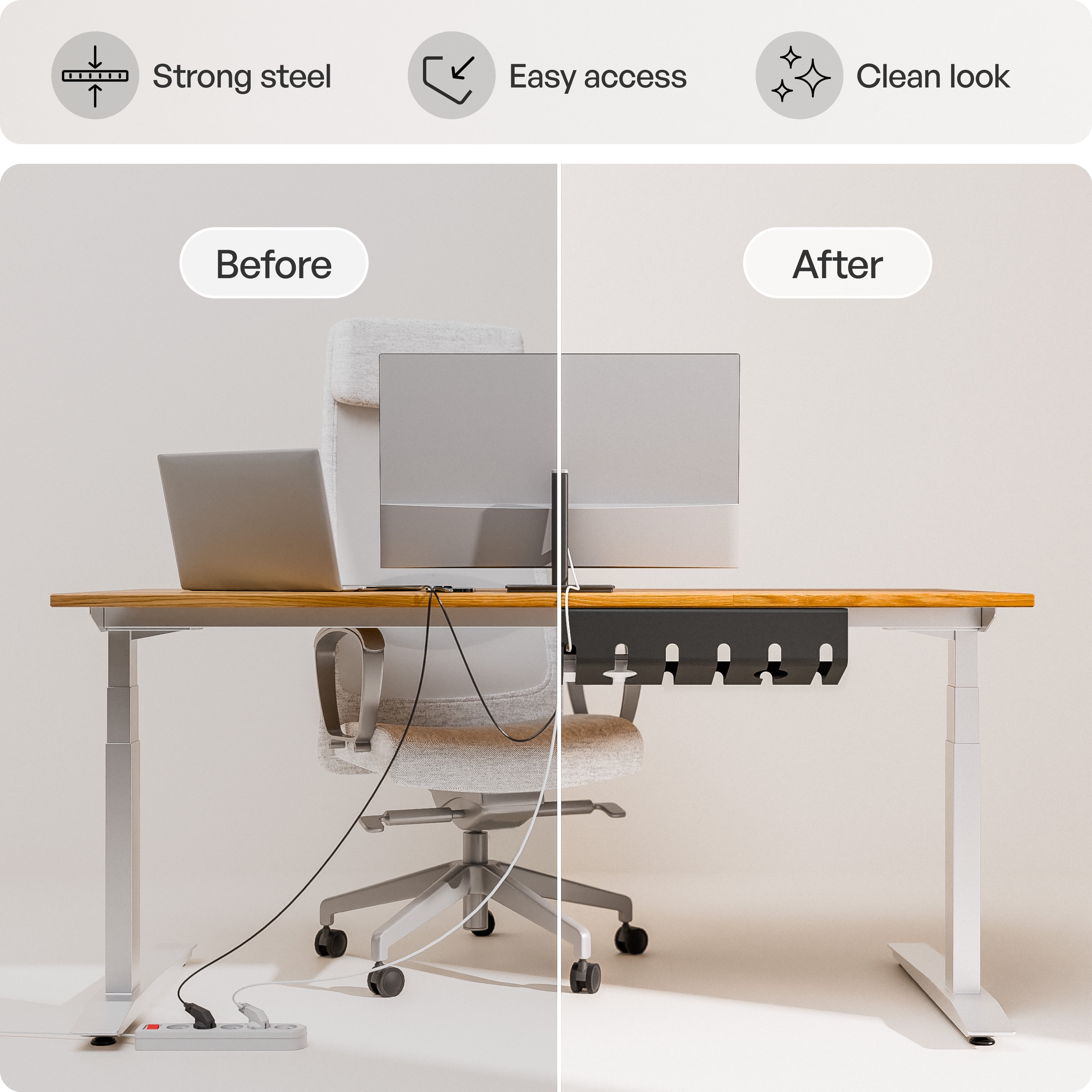 pamo Cable Management Under Desk for Easy mounting Under-Table I Set of 3 - with 10X Cable Ties I Desk Organizer for Office/Home Office Table Thoughtful Cable Tray Holder
