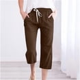 thumbnail image 2 of Capris Pants for Women Cotton Linen Casual Summer 2026 Straight Wide Leg Loose Drawstring Elastic Waist Cropped Trouser Brown 2XL, 2 of 5