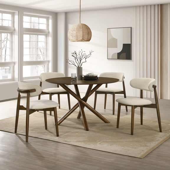 Roundhill Furniture Arnott 5-Piece Dining Set, Round Dining Table with 4 Stylish Chairs, Walnut Finish