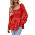 thumbnail image 2 of ZAXARRA Women's Scoop Neck Smocked Tops Ruffle Long Sleeve Textured T-Shirts Peplum Blouses, 2 of 6