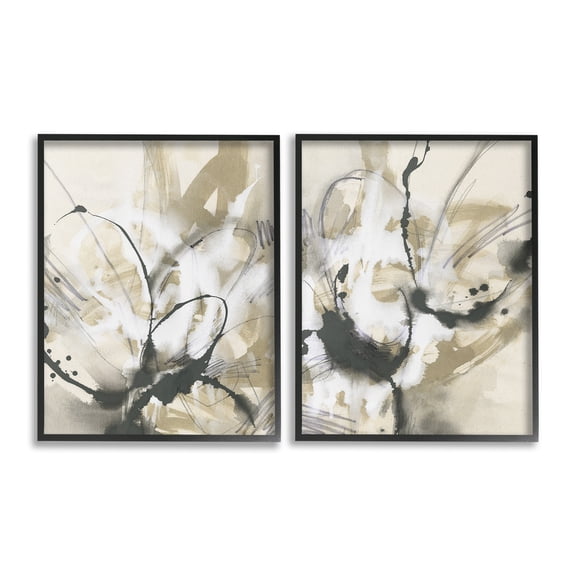 Stupell Industries Beige & Black Splatter Abstract Painting Black Framed Art Print Wall Art, 16 x 20, Set of 2
