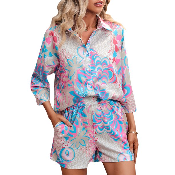 Traje de ocio para mujer Irfora Conjunto de pantalones cortos de camisa para mujer Camisa casual de manga larga con botones y pantalones cortos 2 piezas Irfora Traje de ocio para mujer