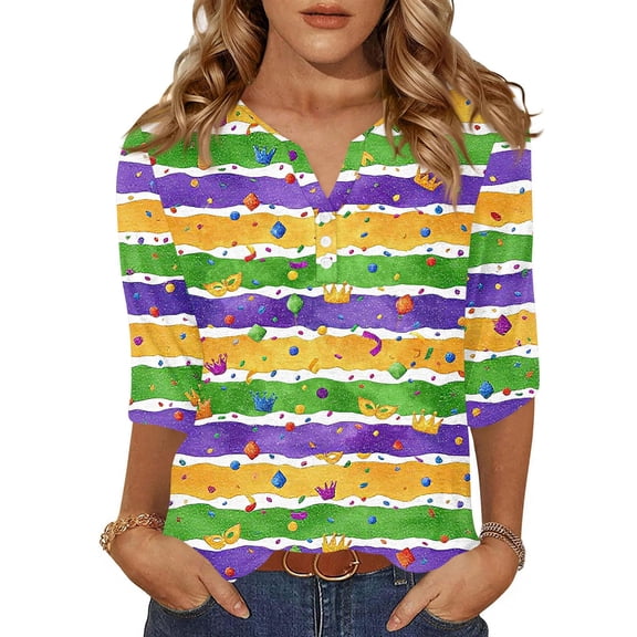 Mardi Gras Shirts Womens Sequins Sparkly V Neck Graphic Tee Mask Print 3/4 Sleeve Green Tunic Tops Green XL