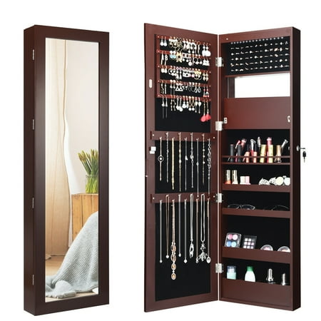 Gymax Wall Door Mounted Lockable Jewelry Cabinet Armoire Organizer w/LED