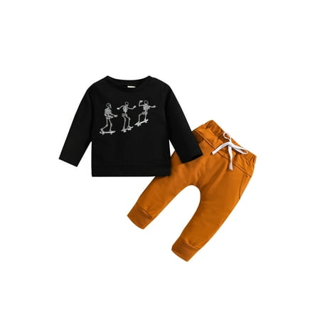 

Toddler Baby Boys Girls Halloween Clothes Crewneck Sweatshirt Pullover Long Sleeve Shirt Pants Spooky Skeleton Outfits
