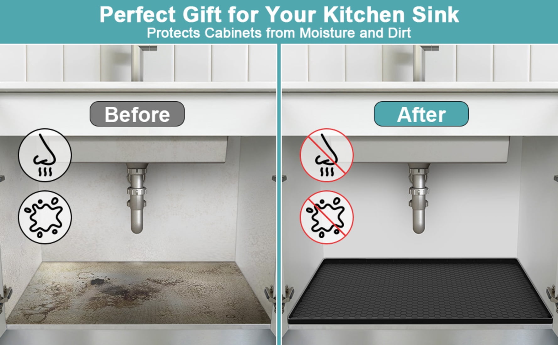 Waterproof Silicone Under Sink Mat with Lip for Kitchen and Bathroom, Under Kitchen Sink Mats and Protectors for 34" x 22" Cabinets, Under Sink Tray Organizer, Shelf Liners Cabinet Liner, Black