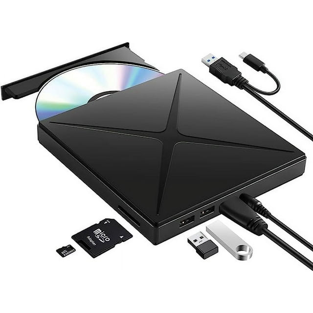Grabadora de CD/DVD con USB 3.0 y Tipo-C, Lector de CD con 2 Puertos USB y Lector de Tarjetas SD/TF, Unidad óptica externa de CD/DVD-RW, Negro