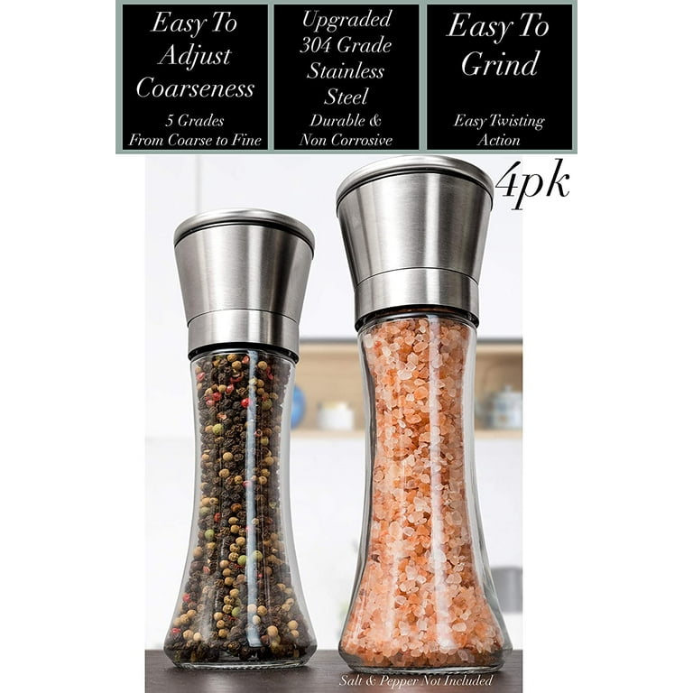 HOME EC Premium Stainless Steel Salt and Pepper Grinder Set of 4 -  Adjustable Ceramic Sea Salt Grinder & Pepper Grinder - Glass Salt and  Pepper