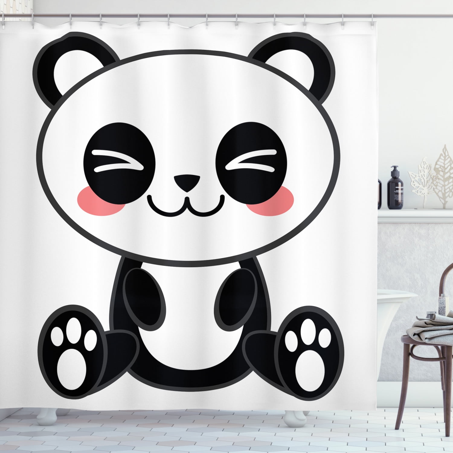 Anime Shower Curtain, Cute Cartoon Smiling Panda Fun Animal Theme Japanese Manga Kids Teen Art Print, Fabric Bathroom Set with Hooks, 69W X 70L Inches, Black White Gray, by Ambesonne