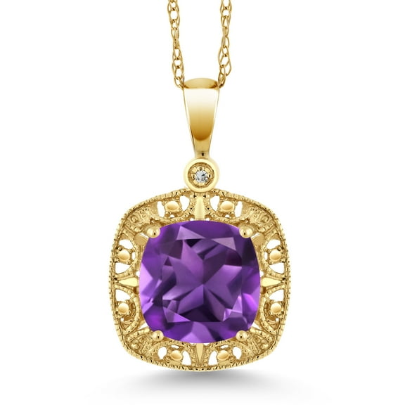 Gem Stone King 10K Yellow Gold Purple Amethyst and Diamond Accent Women's Pendant Necklace (2.05 cttw, 8MM Cushion)