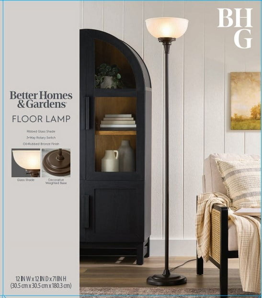 Better Homes & Gardens 71" New Ribbed Frosted Glass Oil Rubbed Bronze Floor Lamp, Modern Styling
