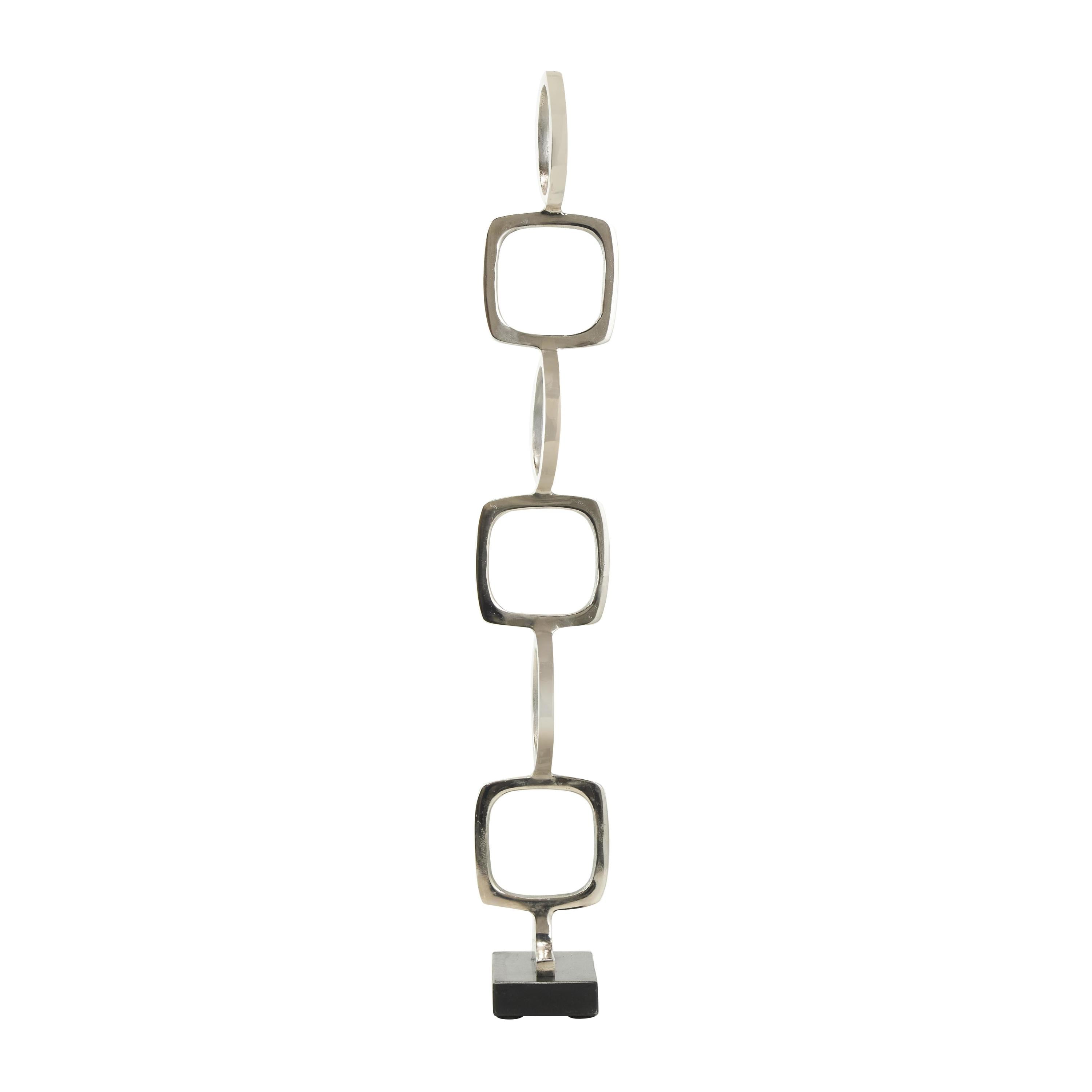 28", 19"H Silver Aluminum Metal Stacked Geometric Rings Abstract Sculpture with Black Marble Bases, by DecMode (2 Count)