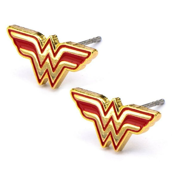 Body Art Stainless Steel Red and Wonder Woman Logo Stud Earrings