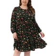 thumbnail image 4 of Vestido de talla grande Agnes Orinda para mujeres, con cuello redondo, mangas largas, plisado, de capas, midi, floral, 4X, negro, 4 of 5