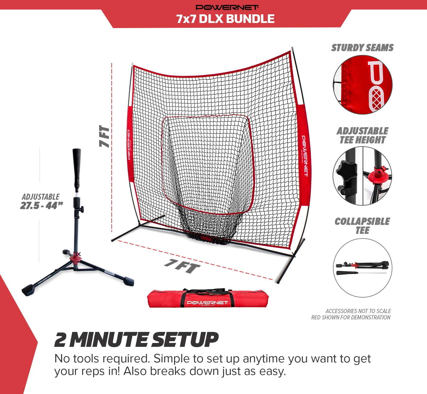 PowerNet 7x7 Baseball Softball Net and Tee Bundle | Durable Construction | Solo Batting Practice for Improved Hitting
