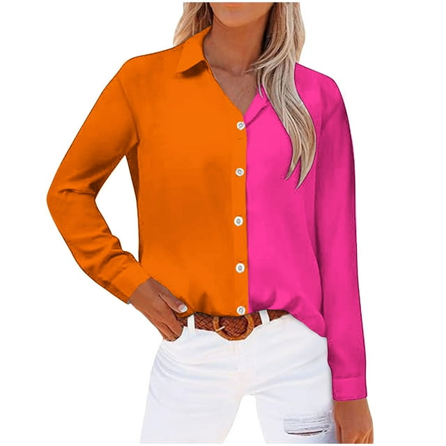 Timegard Womens Tops Lapel V-Neck Button Long Sleeve Color Block Shirts Work Casual Loose Tops Blouse