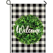 Mogarden Welcome Garden Flag, Double Sided, 12.5 x 18 Inches, Buffalo Check Plaid Thick Weatherproof Burlap Small Boxwood Wreath Yard Flag