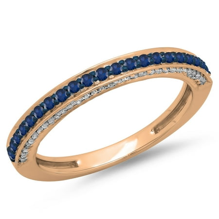 - 14K Gold Round Cut Blue Sapphire & White Diamond Ladies Anniversary Wedding Band Stackable Ring