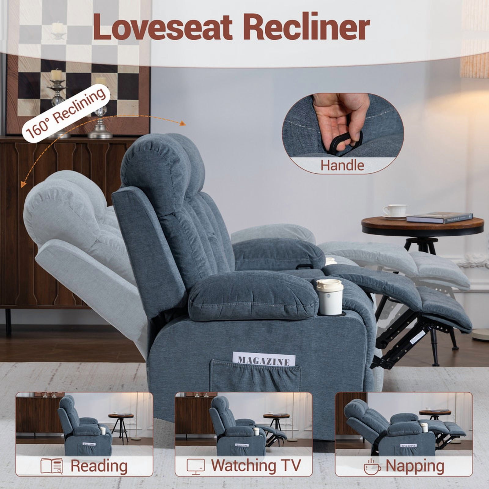 WENTUM Loveseat Recliner Sofa with Cup Holders, 2 Seat Manual Recliner Chair, reclining loveseat couch for Living Room, Home Theater, Small Spaces, Blue