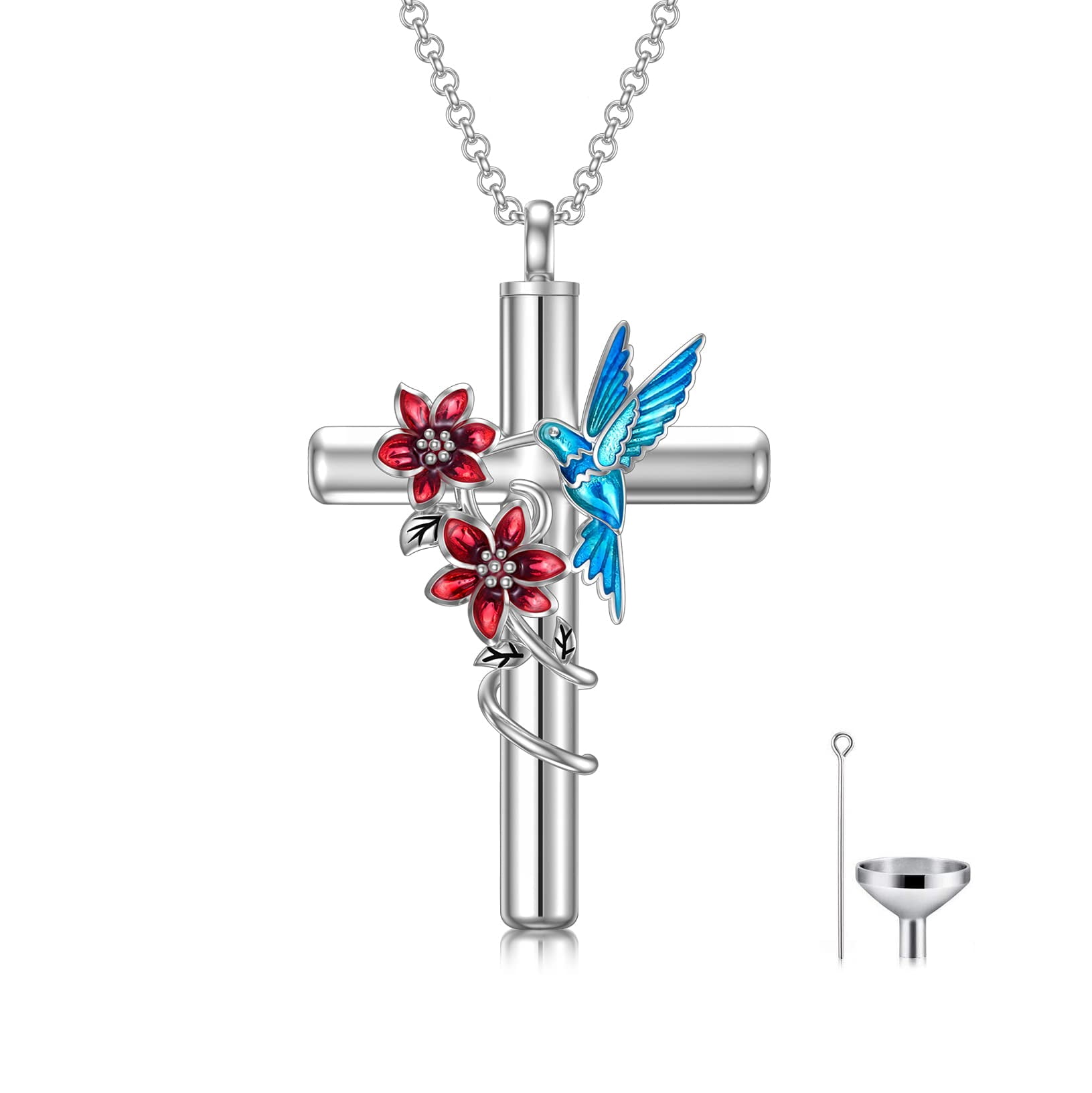 CACA LADY Hummingbird Cross Urn Necklace for Ashes 925 Sterling Silver Cremation Jewelry with Funnel