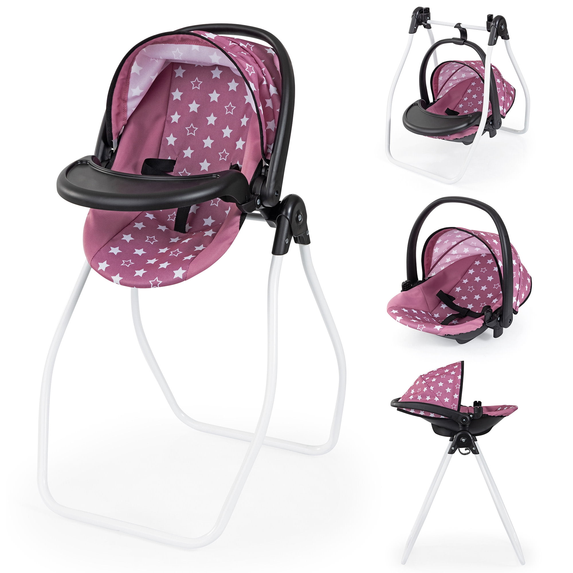 Bayer Design: Doll 4-In-1 Vario - Pink & White Stars - Convertible Toy: Highchair-Swing-Bed-Car Seat, All-In-1 Care Accessory Fits 18" Dolls, Kids 3+