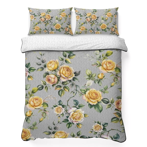 King Quilt Set 96''x106'', Yellow Rose Lightweight Summer Bedspread Coverlet Set with 2 Pillow Shams, Vintage Country Botanical Floral Vines Breathable All Season Quilt Bedding for Bedroom/Guest Room
