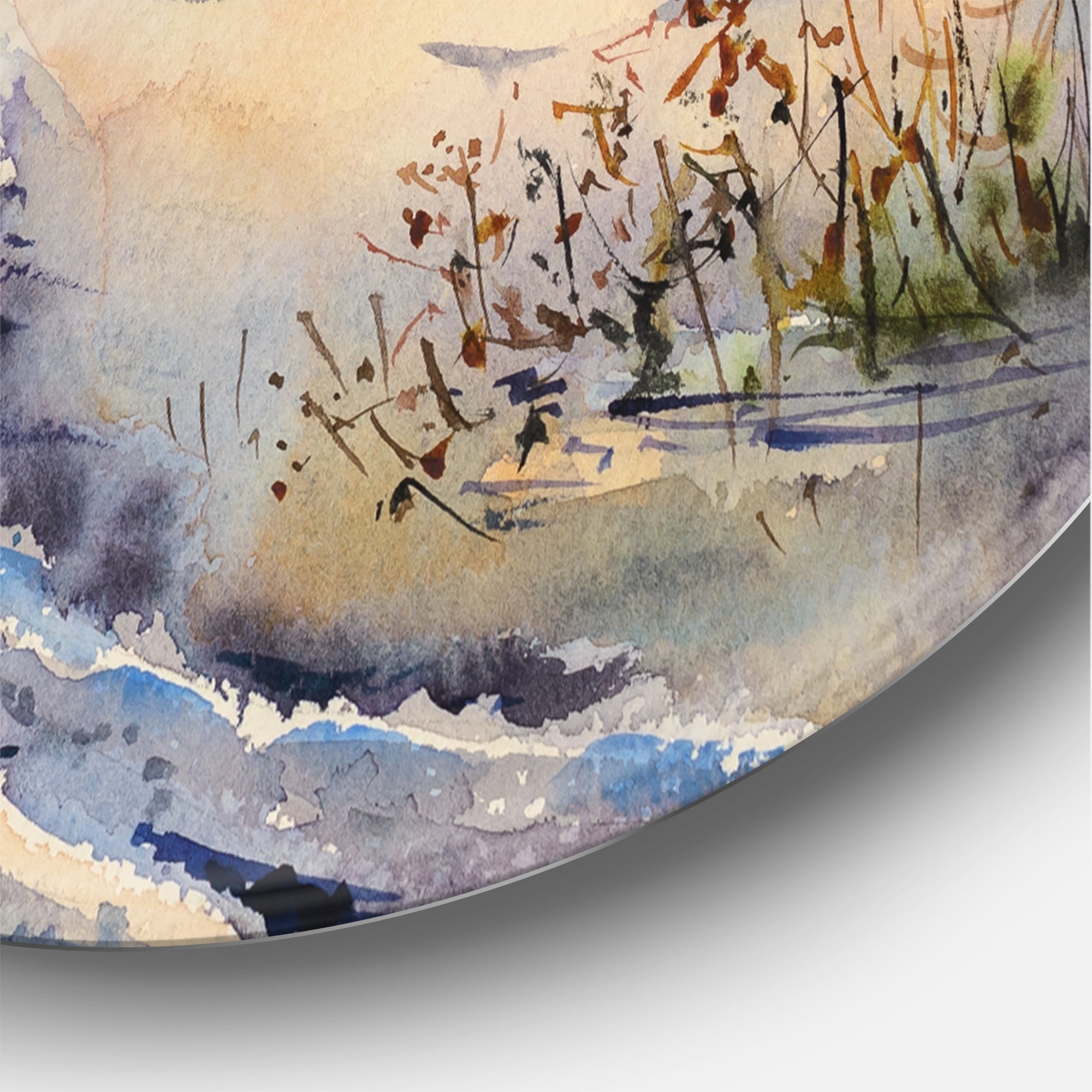 Designart 'Snowy Winter Forest Landscape Rural Road In Snow' Traditional Circle Metal Wall Art 11x11 - Disc of 11