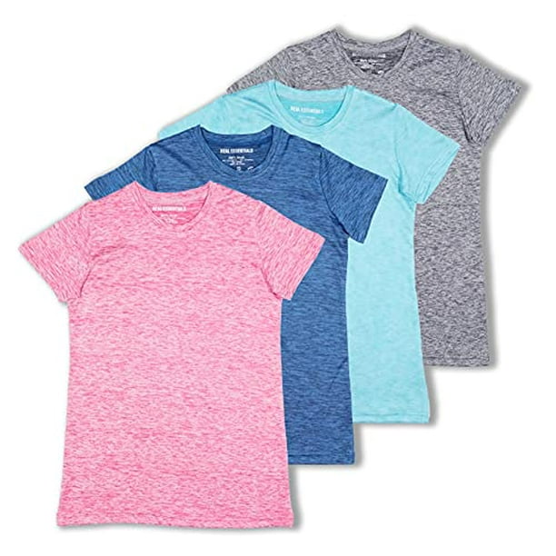 4 Pack: Girls Short Sleeve Active Quick Dry Fit Crew Neck T-Shirt