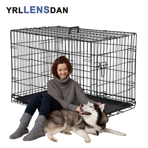 YRLLENSDAN 48 inch XXL Dog Crate Large Dog Crate for Large Dog Foldable Dog Crate with Divider Metal Dog Crate XXL Large Dog Kennel Indoor Large Dog Cage, Black