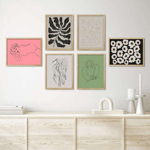 PixonSign Framed Canvas Print Wall Art Set - Sketchbook Portrait Flower Plant & Humanities Pattern Poster - Set of 6 Abstract Artwork Minimalism Cultural Art Wall Décor - 8"x10"x6 Natural