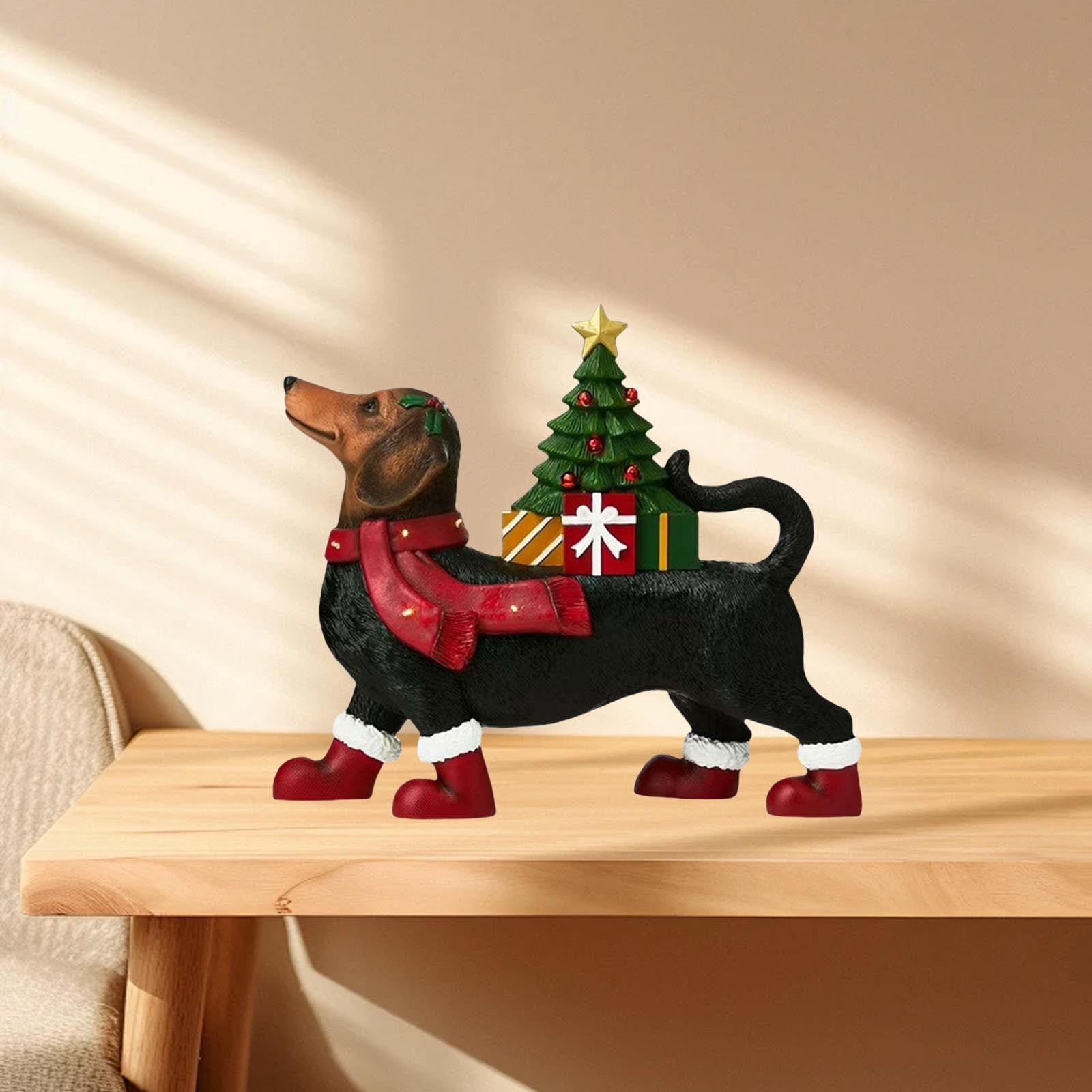 Lighted Blow Mold Dachshund Outdoor Christmas Decoration with Scarf, Boots & Tree Black Holiday Décor for Yard or Porch, 8“