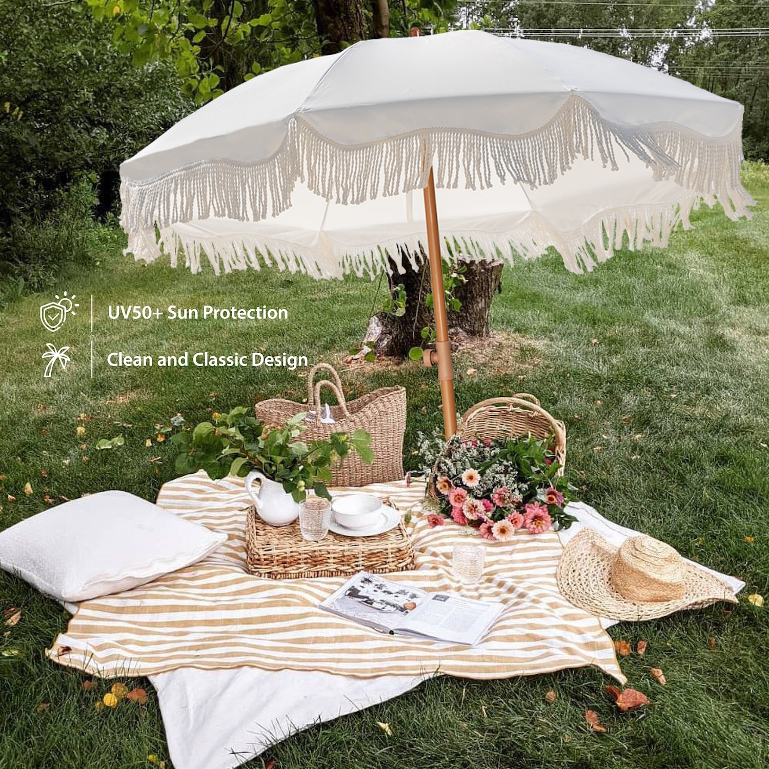 AMMSUN 6.5ft Patio Umbrella UPF50+ with Boho Fringe Tassel Tilt Pole for Outdoor Picnic,Cream White