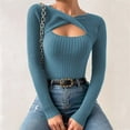 thumbnail image 2 of UYISJ Sweaters for Women 2024 Knit Trendy Long Sleeve Lightweight Slim Fit Pullover Blouse Cutout Front Top Spring Fall Blue L, 2 of 6