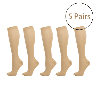 TELOLY 5 Pairs Compression Socks for Women,Knee High Support Compression Socks for Running,Medical and Athletic,Plantar Fasciitis Stockings for Women,Beige