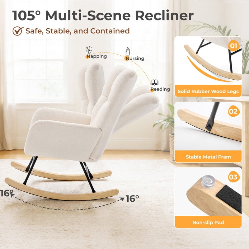 Gianna Rocking Chair with High Backrest, Teddy Upholstered Indoor Reading Glider Chair with Comfy Seat for Bedroom, Living Room, Beige